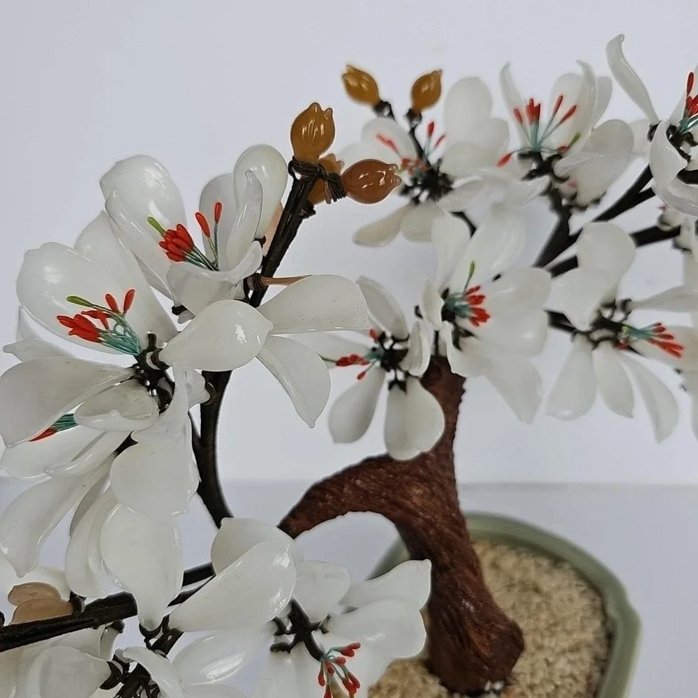 Vintage‎ Chinese Glass Bonsai Tree White Flower Celadon Pot Chinoiserie Decor
